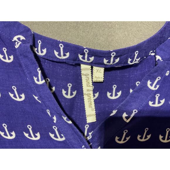 Grand & Greene Anchor Print XL Navy Top 1/4 Button Closure 3/4 Sleeve Nautical - Picture 2 of 8